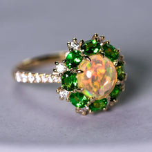 Load image into Gallery viewer, Fire Opal Tsavorite Diamond Engagement Ring 18K Yellow Gold
