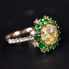 Load image into Gallery viewer, Fire Opal Tsavorite Diamond Engagement Ring 18K Yellow Gold