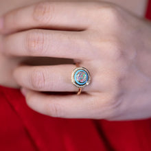 Load image into Gallery viewer, Mexican Fire Opal, Turquoise, Halo Diamond Engagement Ring in 18K Yellow Gold