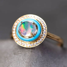 Load image into Gallery viewer, Mexican Fire Opal, Turquoise, Halo Diamond Engagement Ring in 18K Yellow Gold