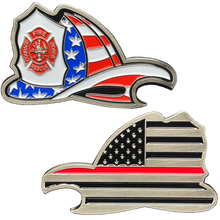 Load image into Gallery viewer, BL15-016 Maltese Cross Fire Department Helmet Bottle Opener Thin Red Line Flag Challenge Coin Fire Fighter