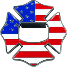 Load image into Gallery viewer, BL14-016 Maltese Cross Fire Department Bottle Opener American Flag Challenge Coin Fire Fighter