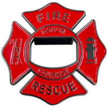 Load image into Gallery viewer, BL14-016 Maltese Cross Fire Department Bottle Opener American Flag Challenge Coin Fire Fighter