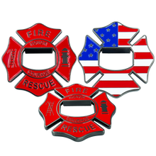 Load image into Gallery viewer, BL14-016 Maltese Cross Fire Department Bottle Opener American Flag Challenge Coin Fire Fighter