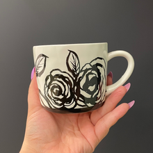 Load image into Gallery viewer, Forever &amp; Always Mug in White with Black Floral Artwork | Giftable Coffee Tea Cup | 15oz
