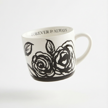 Load image into Gallery viewer, Forever &amp; Always Mug in White with Black Floral Artwork | Giftable Coffee Tea Cup | 15oz
