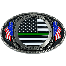 Load image into Gallery viewer, EL3-007 Border Patrol Agent Deputy Sheriff Army Marines CBP Police Officer Antique Nickel Thin Green Line Police American Flag Belt Buckle America's Front Line Oath Taker BPA Border Patrol Agent