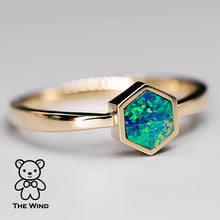 Load image into Gallery viewer, Geometric Design Hexagon Shaped Australian Doublet Opal Ring 14K Yellow Gold