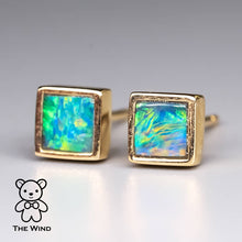 Load image into Gallery viewer, Geometric Square Shaped Australian Doublet Opal Stud Earrings 14K Yellow Gold
