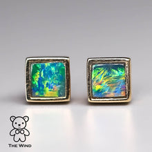 Load image into Gallery viewer, Geometric Square Shaped Australian Doublet Opal Stud Earrings 14K Yellow Gold
