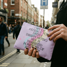 Load image into Gallery viewer, GetBullish Out of Patience with Disappointing Men Feminist Canvas Zipper Pouch 9.5" x 7" | Cosmetics Bag or Pencil Case