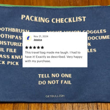 Load image into Gallery viewer, GetBullish Secret Agent Packing Checklist Canvas Zipper Pouch 9.5" x 7" | Cosmetics Bag or Pencil Case