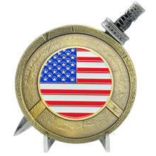 Load image into Gallery viewer, BL7-013 Army Marines Air Force Coast Guard Navy Warrior Gladiator American US Flag Shield with removable Sword Military Veteran Challenge Coin Set Patriotic