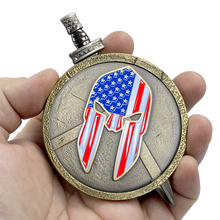 Load image into Gallery viewer, BL7-013 Army Marines Air Force Coast Guard Navy Warrior Gladiator American US Flag Shield with removable Sword Military Veteran Challenge Coin Set Patriotic