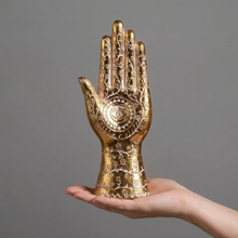 Load image into Gallery viewer, Gold Hamsa Hand Figurine | Decorative Resin Evil Eye Statue with Floral Detail | 10.25”