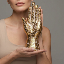 Load image into Gallery viewer, Gold Hamsa Hand Figurine | Decorative Resin Evil Eye Statue with Floral Detail | 10.25”