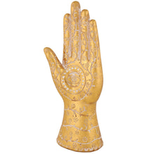 Load image into Gallery viewer, Gold Hamsa Hand Figurine | Decorative Resin Evil Eye Statue with Floral Detail | 10.25”