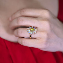 Load image into Gallery viewer, Golden Dahlia – Fire Opal &amp; Australian Opal Floral Diamond Engagement Ring in 18K Yellow Gold