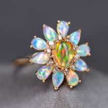 Load image into Gallery viewer, Golden Dahlia – Fire Opal &amp; Australian Opal Floral Diamond Engagement Ring in 18K Yellow Gold