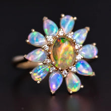 Load image into Gallery viewer, Golden Dahlia – Fire Opal &amp; Australian Opal Floral Diamond Engagement Ring in 18K Yellow Gold