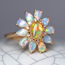 Load image into Gallery viewer, Golden Dahlia – Fire Opal &amp; Australian Opal Floral Diamond Engagement Ring in 18K Yellow Gold