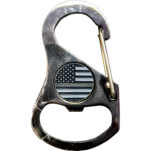 Load image into Gallery viewer, Correctional Officer Thin Gray Line Carabiner Keychain with 4 carabiner clips and bottle opener function CO Corrections