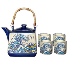 Load image into Gallery viewer, Great Wave Japanese Tea Set 20oz Tea Pot with 4 Hexagon Cups | Gift Box