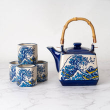 Load image into Gallery viewer, Great Wave Japanese Tea Set 20oz Tea Pot with 4 Hexagon Cups | Gift Box