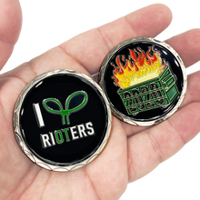 Load image into Gallery viewer, DL2-05 I Love Rioters 2020 Dumpster Fire Handcuff Zip Ties Police Thin Green Line Overtime Challenge Coin