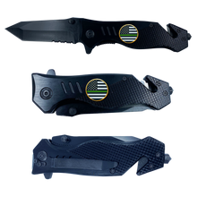 Load image into Gallery viewer, Thin Green Line Police collectible 3-in-1 Tactical Officer Rescue knife tool with Seatbelt Cutter, Steel Serrated Blade, Glass Breaker Border Patrol Army Marines Deputy Sheriff BPA CBP