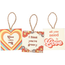 Load image into Gallery viewer, Groovy Self-Hanging Mini Ornament Art Prints | 3 Piece Wooden Display | Love Themed