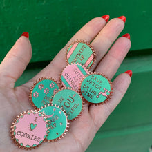 Load image into Gallery viewer, Guilty As Charged Pink and Mint Enamel Pin on Gift Card
