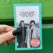 Load image into Gallery viewer, Guilty As Charged Pink and Mint Enamel Pin on Gift Card