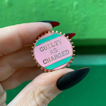 Load image into Gallery viewer, Guilty As Charged Pink and Mint Enamel Pin on Gift Card