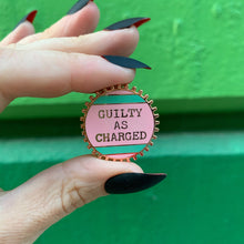 Load image into Gallery viewer, Guilty As Charged Pink and Mint Enamel Pin on Gift Card