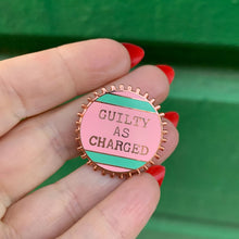 Load image into Gallery viewer, Guilty As Charged Pink and Mint Enamel Pin on Gift Card