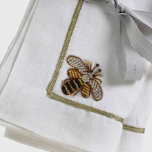 Load image into Gallery viewer, Stripey bee linen dinner napkins, white, set of two
