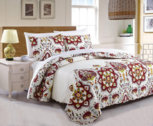 Load image into Gallery viewer, DaDa Bedding Casablanca Garden Mediterranean Floral Red &amp; White Quilted Bedspread Set (HS-11130)