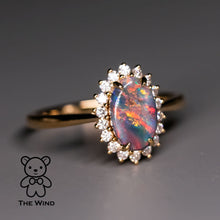 Load image into Gallery viewer, Stunning Australian Black Opal Diamond Halo Engagement Ring 18K Yellow Gold
