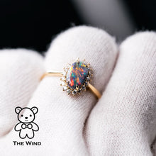 Load image into Gallery viewer, Stunning Australian Black Opal Diamond Halo Engagement Ring 18K Yellow Gold