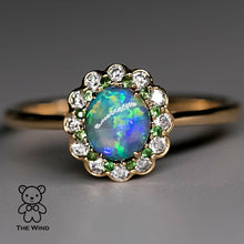 Load image into Gallery viewer, Halo Diamond Australian Semi-Black Opal Tsavorite Engagement Ring 18K Yellow Gold