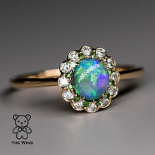 Load image into Gallery viewer, Halo Diamond Australian Semi-Black Opal Tsavorite Engagement Ring 18K Yellow Gold