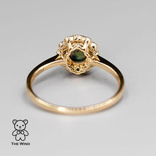 Load image into Gallery viewer, Halo Diamond Australian Semi-Black Opal Tsavorite Engagement Ring 18K Yellow Gold