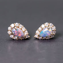 Load image into Gallery viewer, Halo Diamond Pear Shaped Black Opal Stud Earrings 14k Yellow Gold