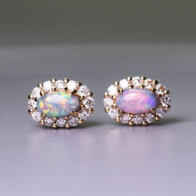 Load image into Gallery viewer, Halo Diamond Stud Earrings with Black Opal 18K Yellow Gold