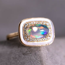 Load image into Gallery viewer, Halo de Fuego - Fire Opal &amp; Diamond Engagement Ring 18K Yellow Gold