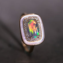 Load image into Gallery viewer, Halo de Fuego - Fire Opal &amp; Diamond Engagement Ring 18K Yellow Gold