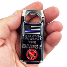 Load image into Gallery viewer, DL2-13 Defund DeBlasio Thin Blue Line Brewery Bottle Opener Police Challenge Coin NYPD