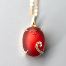 Load image into Gallery viewer, Hand Carved Cat Mexican Egg Fire Opal, Diamond Tail Necklace 18K Yellow Gold
