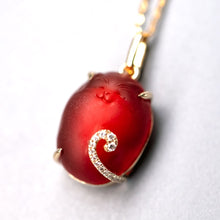 Load image into Gallery viewer, Hand Carved Cat Mexican Egg Fire Opal, Diamond Tail Necklace 18K Yellow Gold